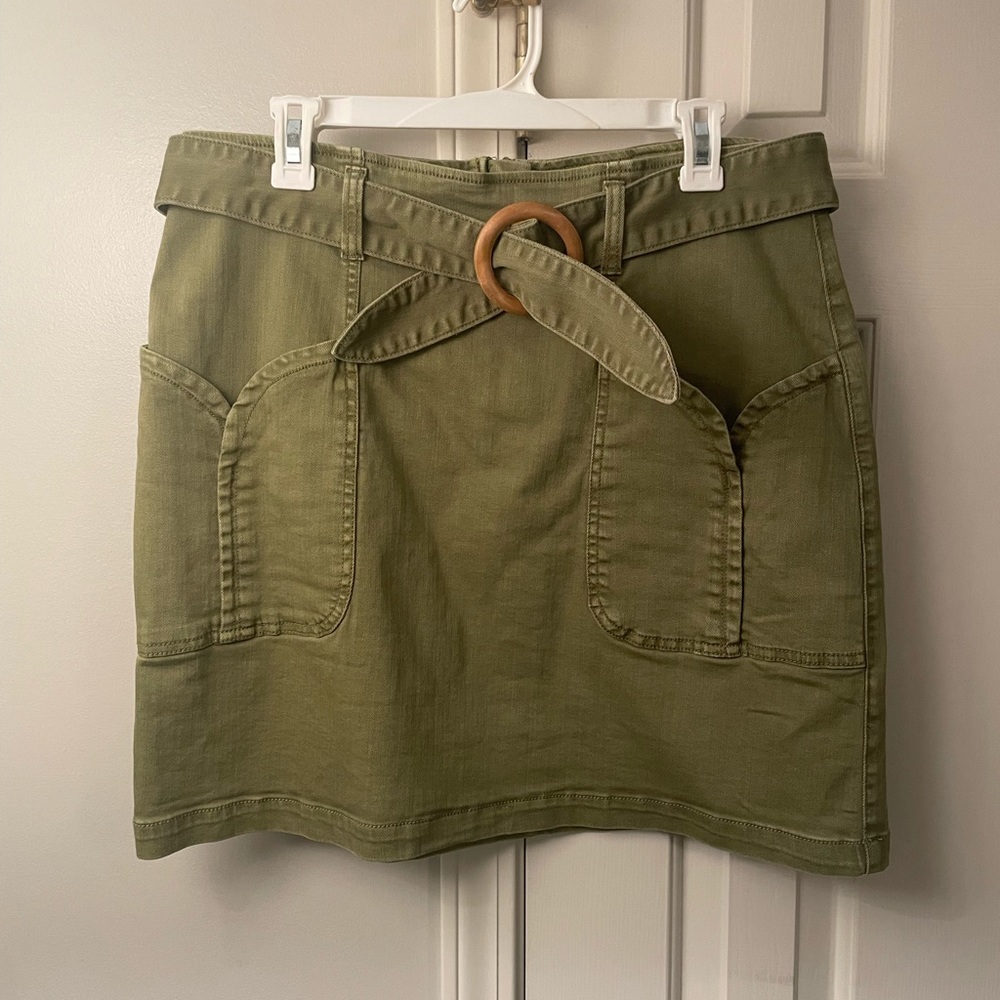 Green belted denim mini skirt